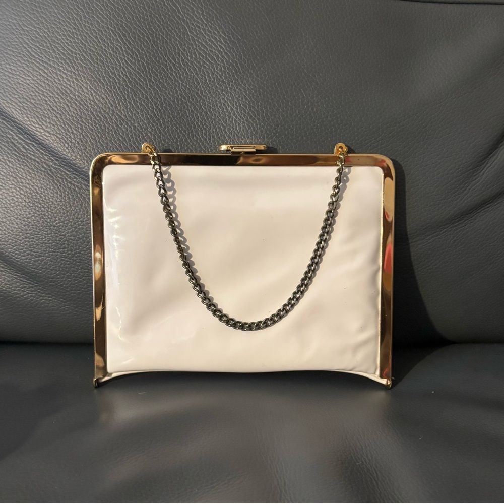 White Patent Leather Vinyl Clutch Purse W Chain Handle Vintage?